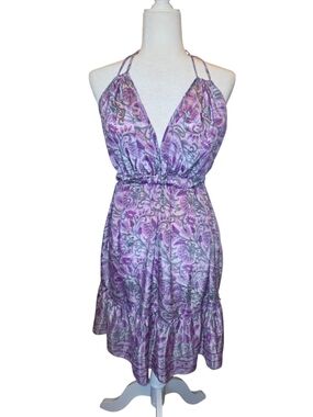 Luz by LifeActivated 100% SILKPurple Floral Boho Halter Dress Elastic Band OSFM